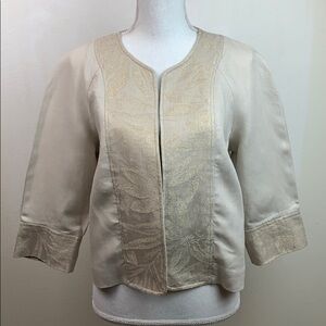 Coldwater Creek linen crop bolero blazer jacket, gold jacquard trim 3/4 sleeve